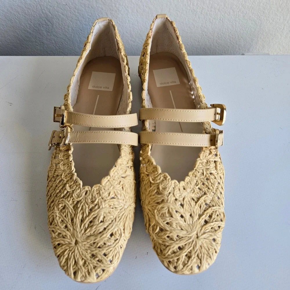 Dolce Vita Woven Raffia Double Strap Mary Jane Flats Natural Beige Size 9